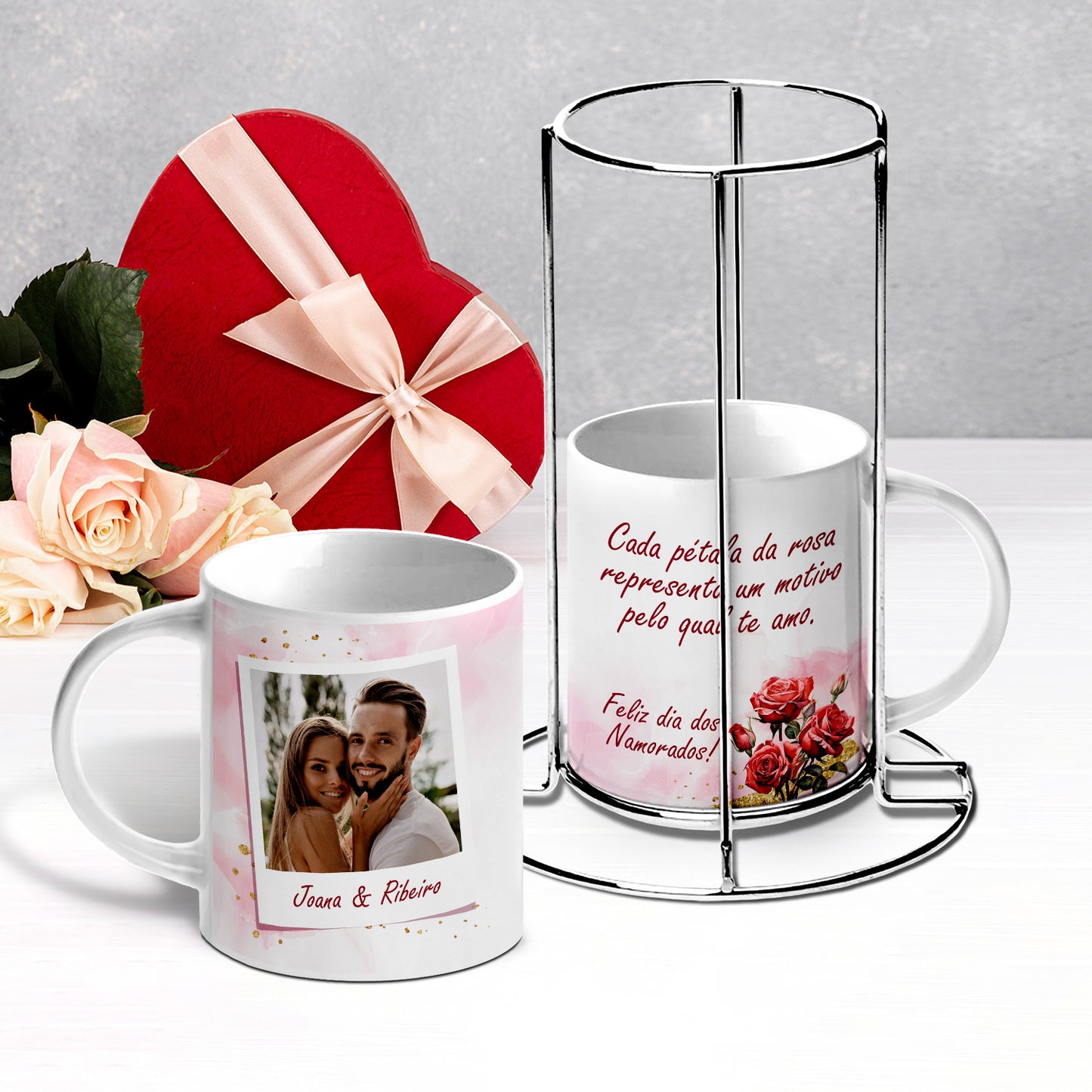 Conjunto 2 canecas com suporte "Bouquet de Rosas"