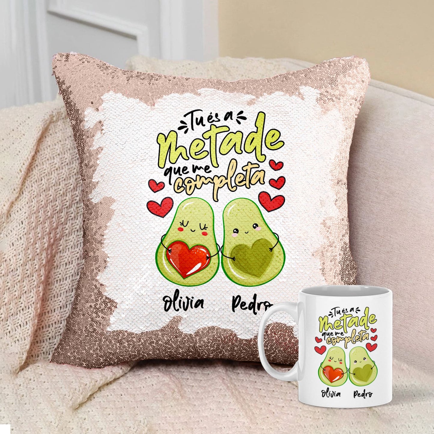 Almofada Lantejoulas e/ou Caneca "Tu és a metade que me completa"