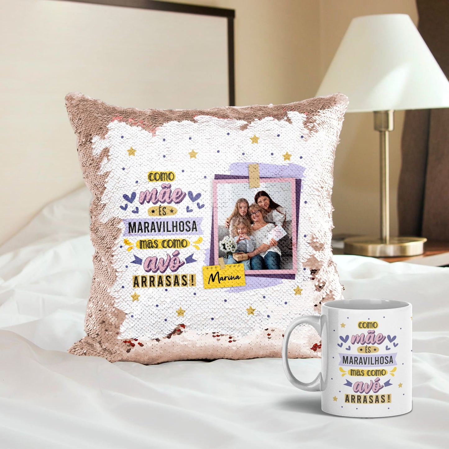 Almofada Lantejoulas e/ou Caneca "Como Avô-Avó Arrasas"