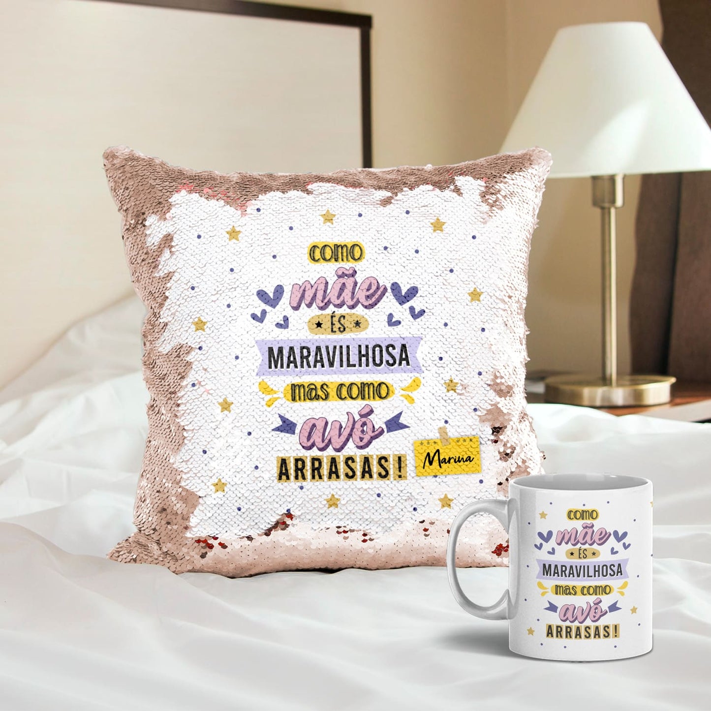Almofada Lantejoulas e/ou Caneca "Como Avô-Avó Arrasas"