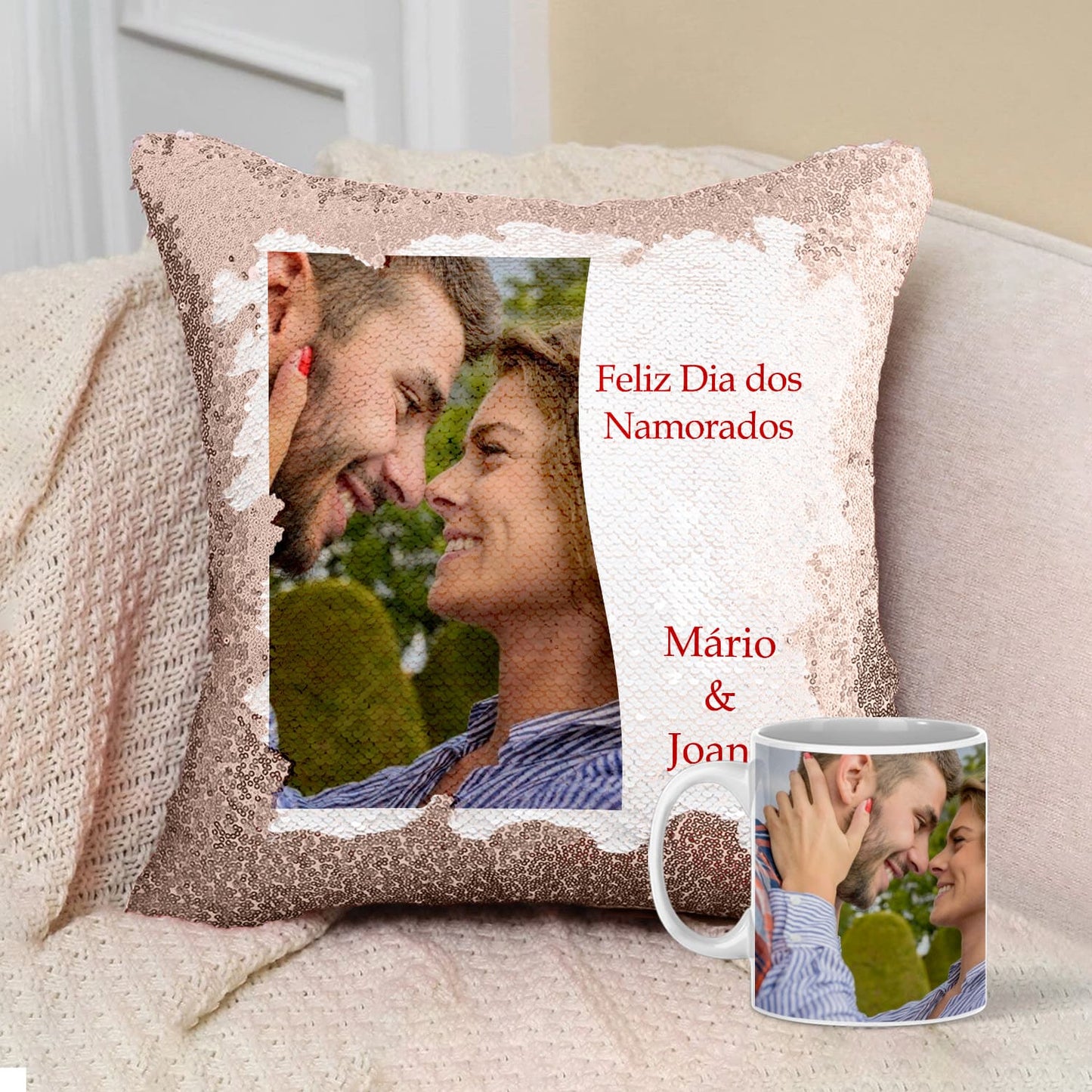 Almofada Lantejoulas e/ou Caneca "Dia dos Namorados"