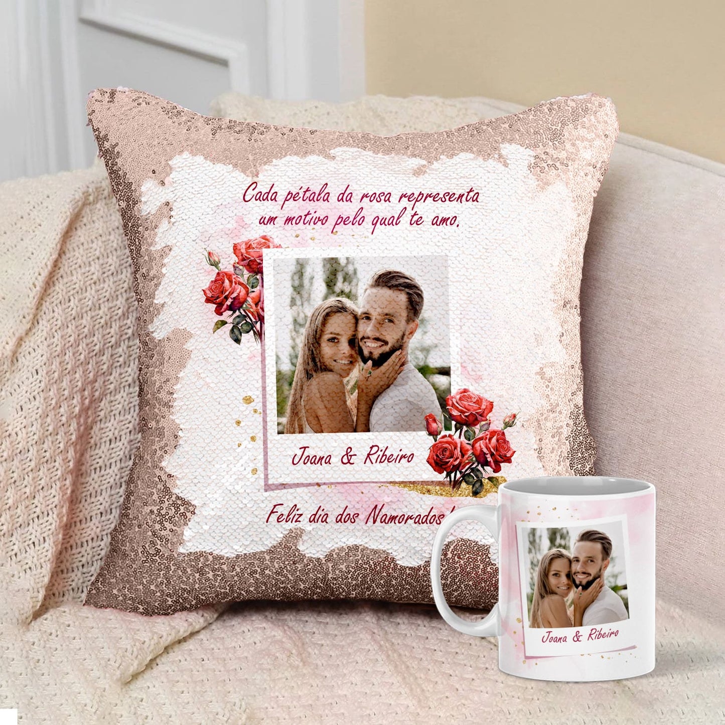Almofada Lantejoulas e/ou Caneca "Bouquet de Rosas"