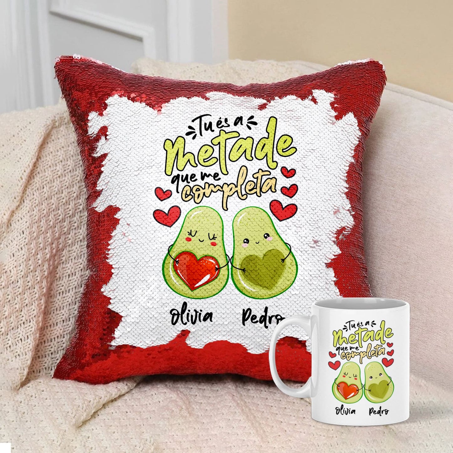 Almofada Lantejoulas e/ou Caneca "Tu és a metade que me completa"