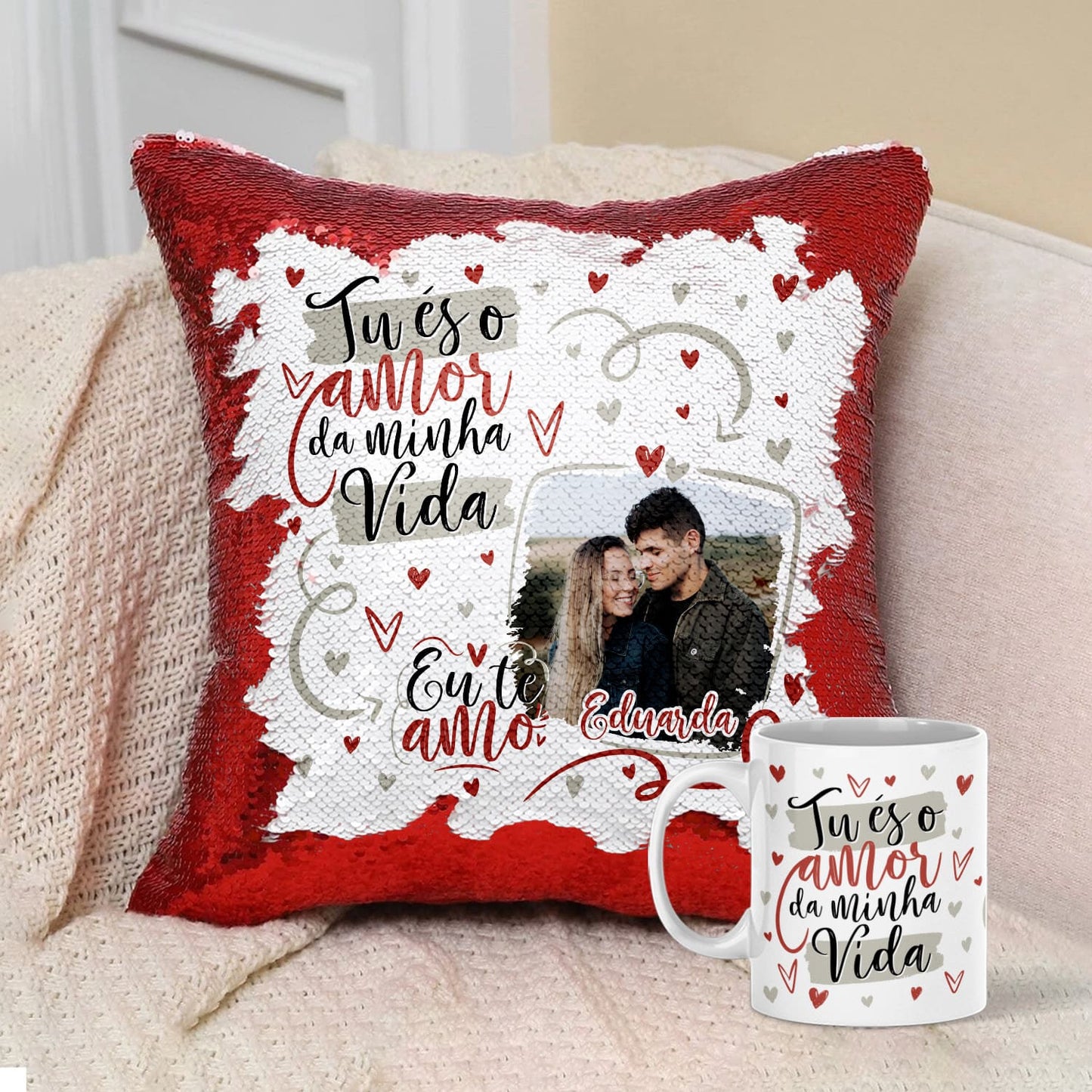 Almofada Lantejoulas e/ou Caneca "Tu és o amor da minha vida"