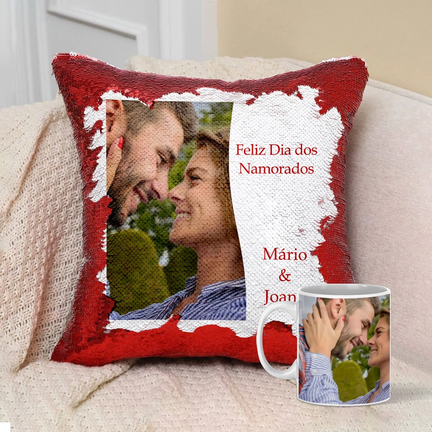 Almofada Lantejoulas e/ou Caneca "Dia dos Namorados"