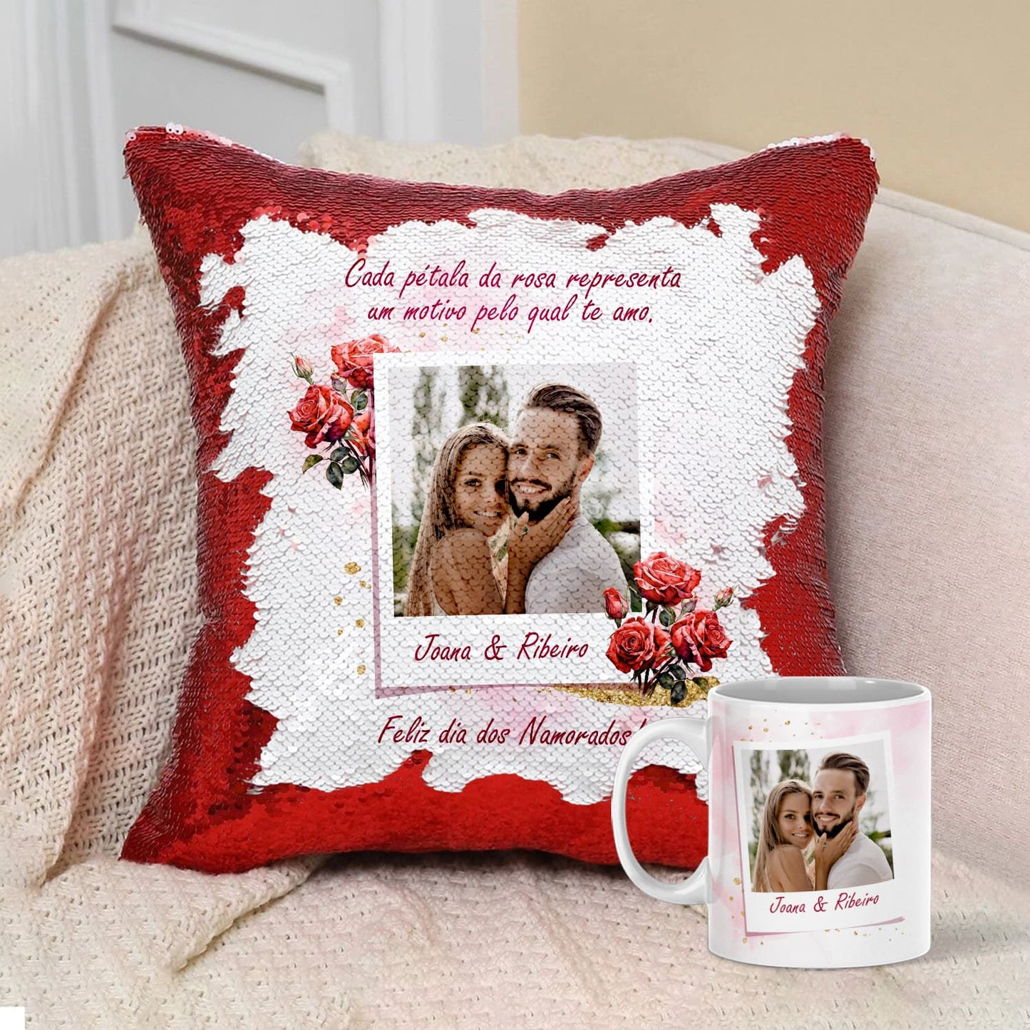 Almofada Lantejoulas e/ou Caneca "Bouquet de Rosas"