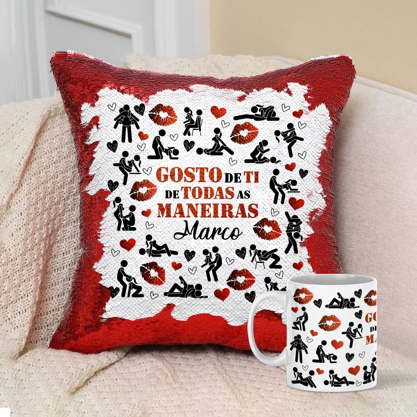 Almofada Lantejoulas e/ou Caneca "Gosto de ti de todas as maneiras"