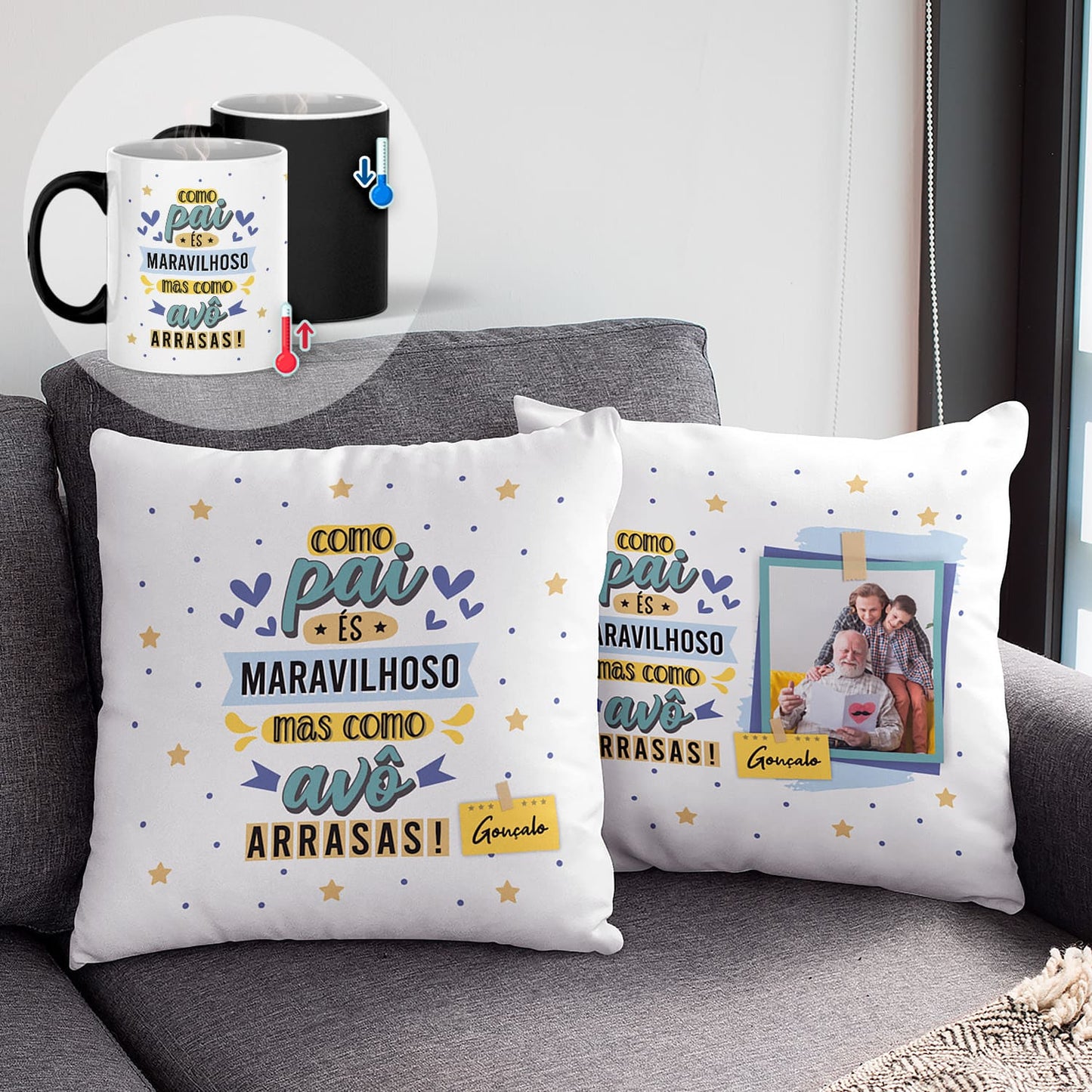 Almofada e/ou Caneca Mágica "Como Avô-Avó Arrasas"