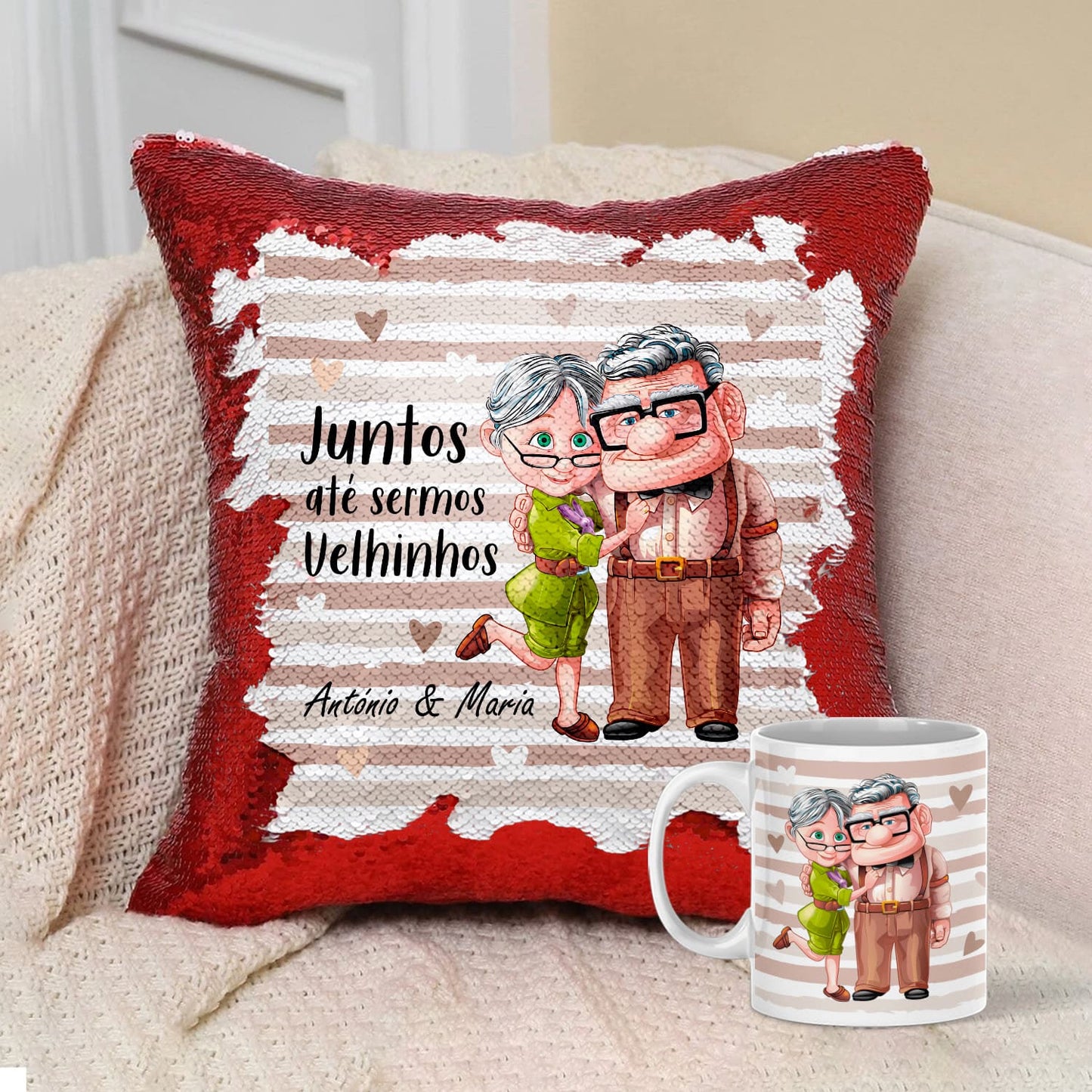 Almofada Lantejoulas e/ou Caneca "Juntos até sermos velhinhos"