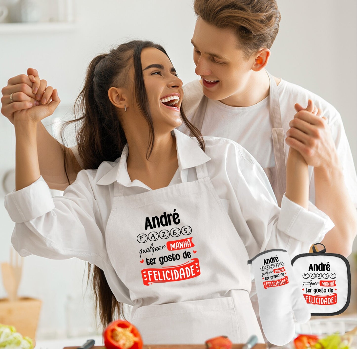 Avental e/ou Luva+Pega "Felicidade"