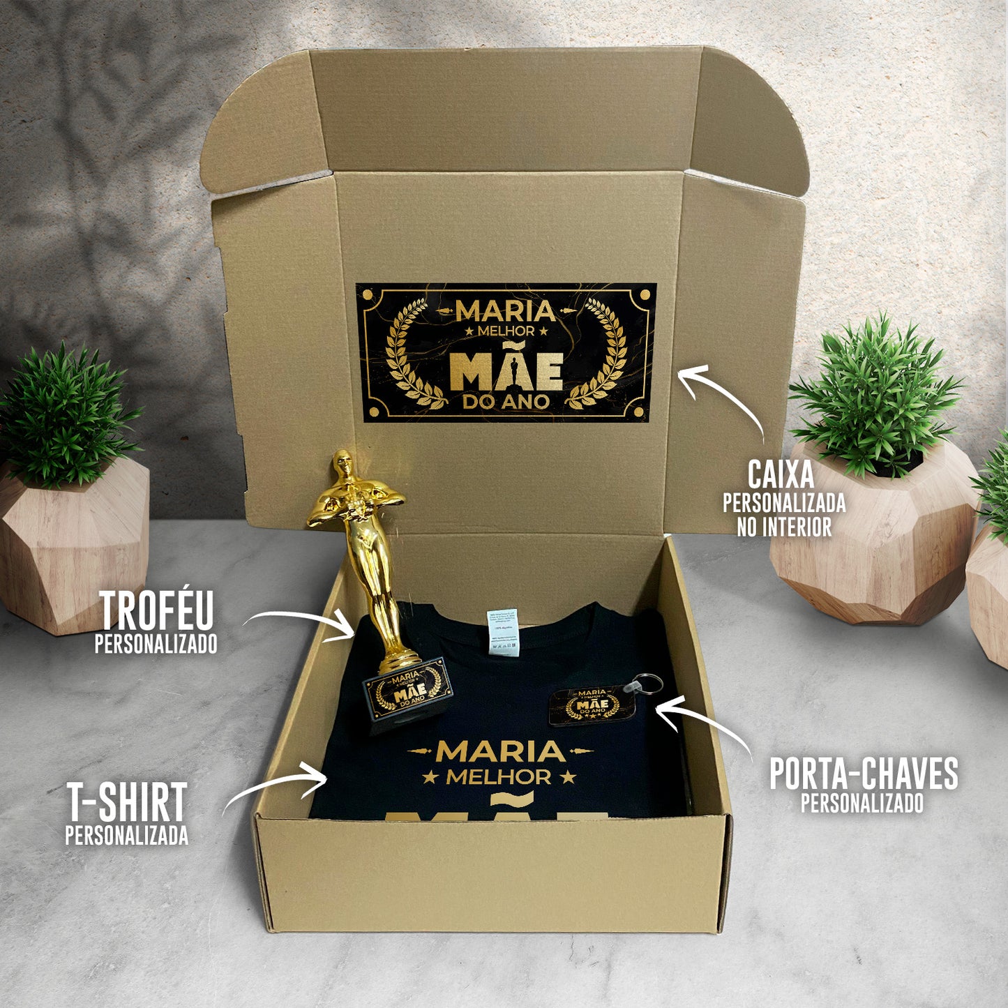 Box T-shirt + Troféu + Porta-chaves "Óscar: melhor mãe do ano"