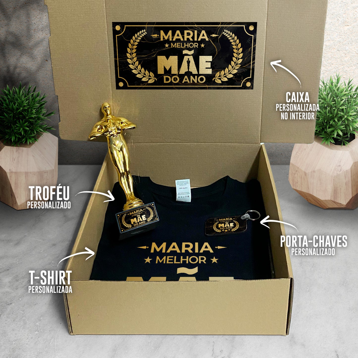 Box T-shirt + Troféu + Porta-chaves "Óscar: melhor mãe do ano"