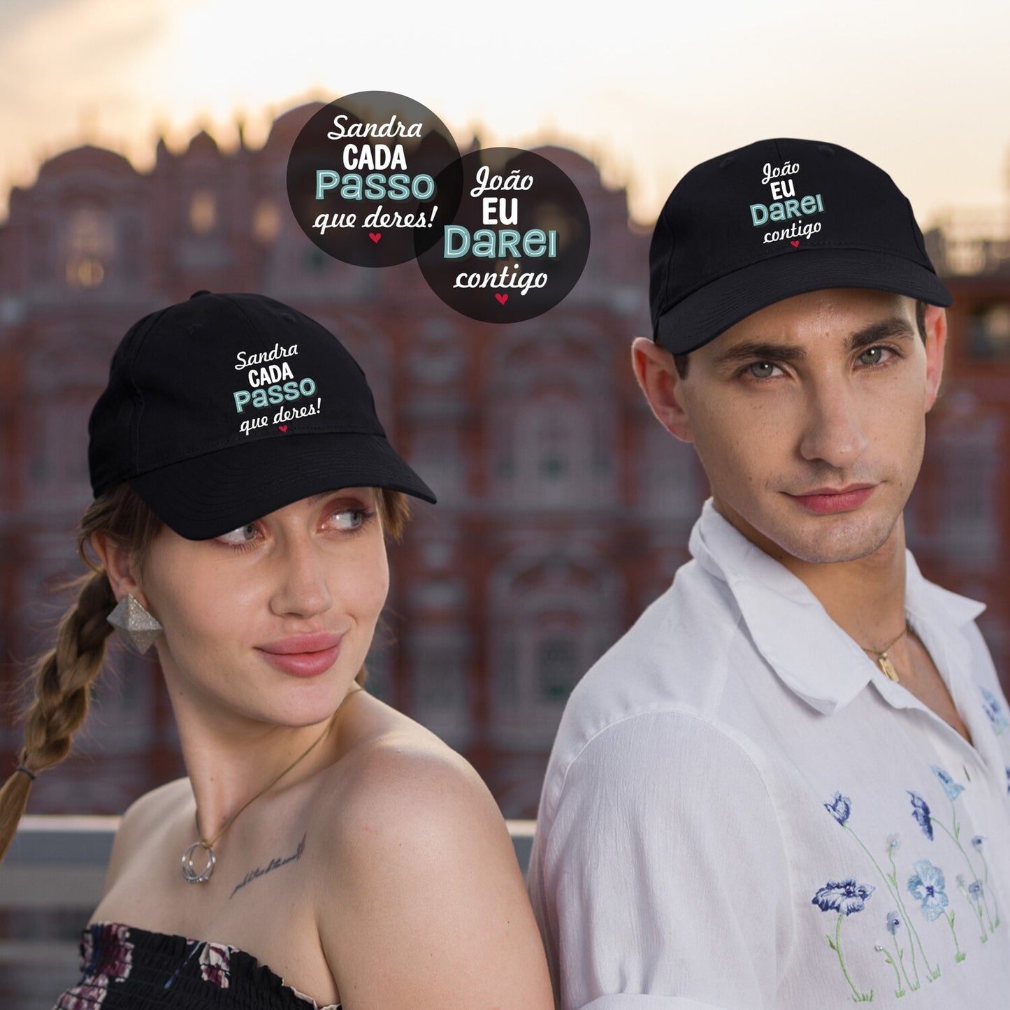 Conjunto 2 bonés "Cada passo que deres eu darei contigo"