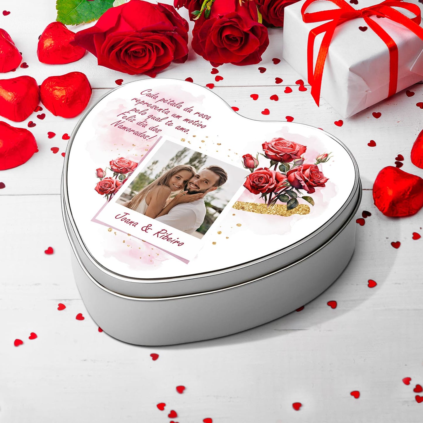 Caixa coração metálica "Bouquet de Rosas"