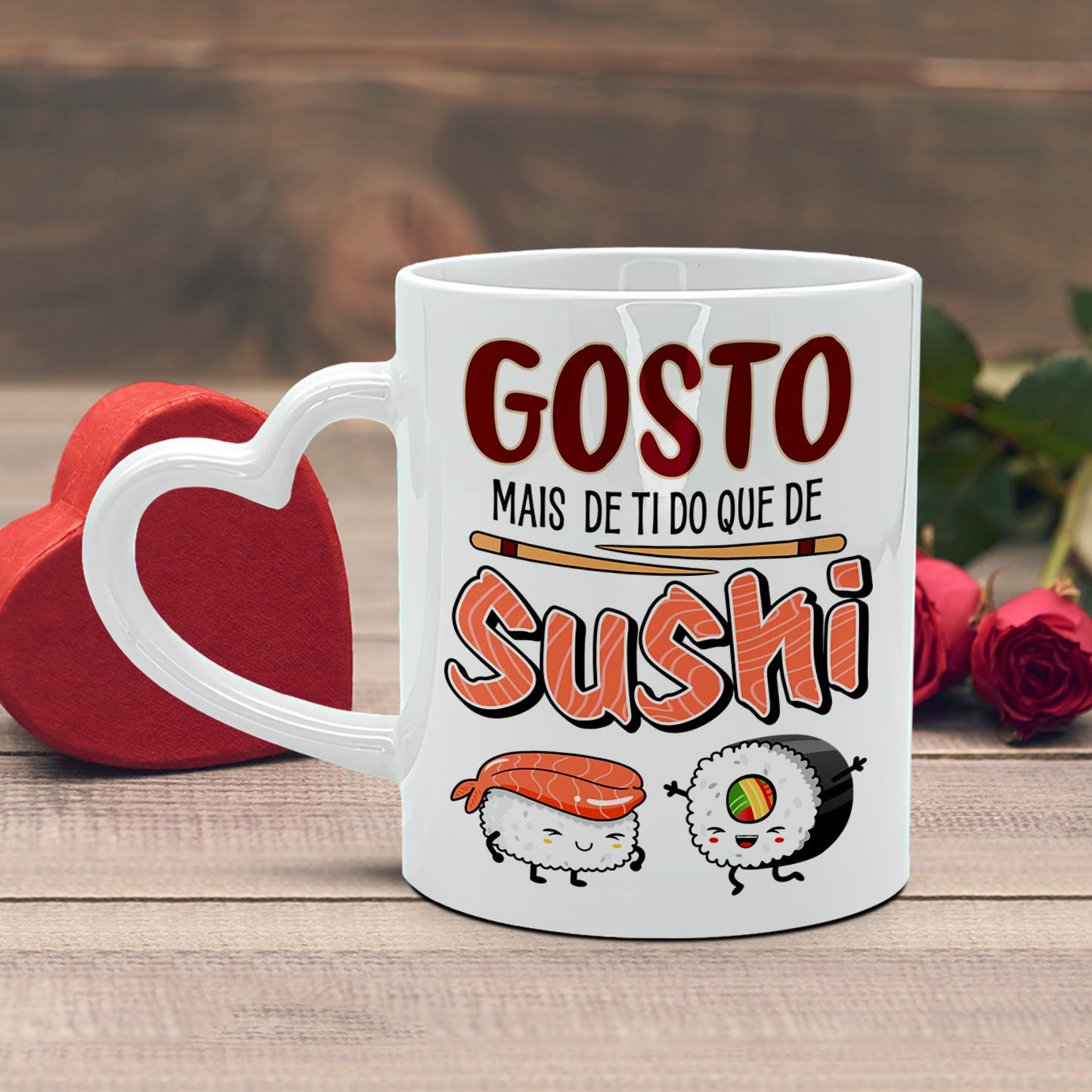 Caneca Pega Coração "Gosto mais de ti do que de sushi"