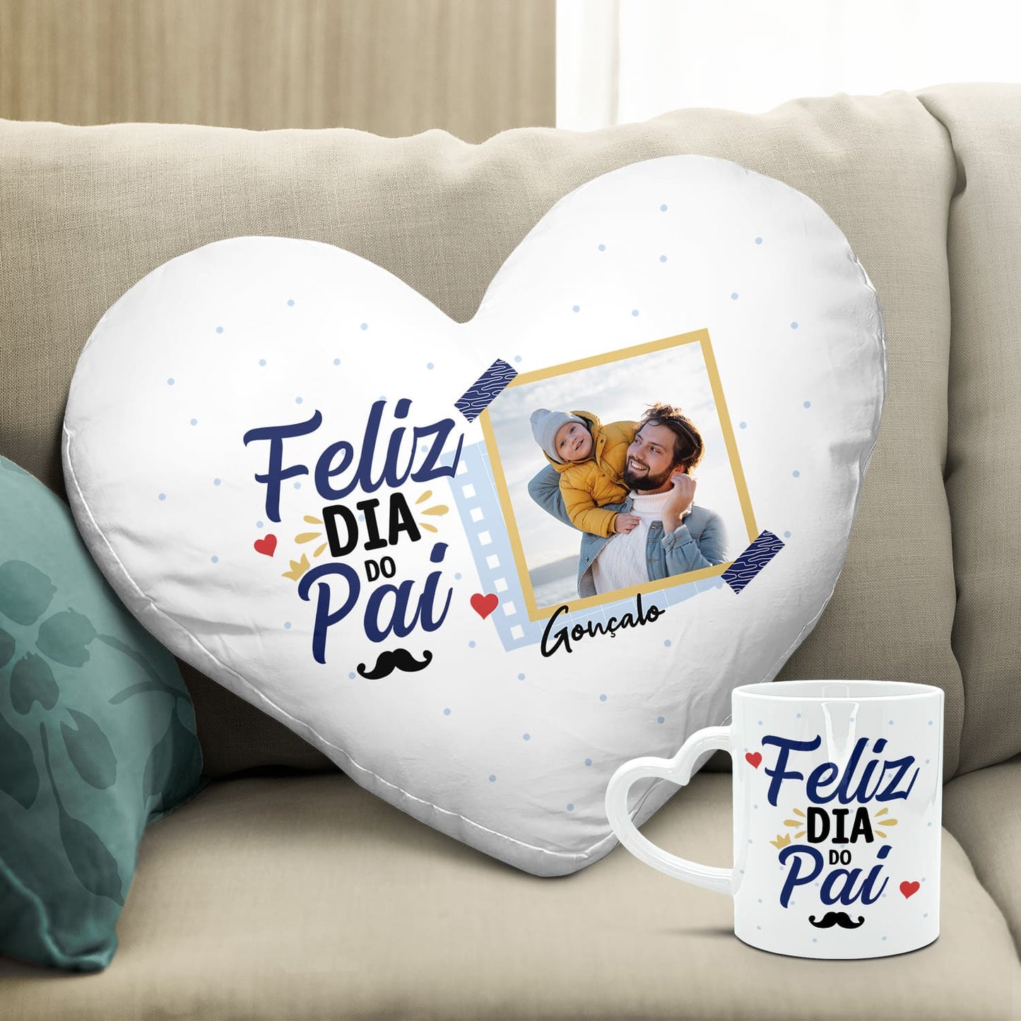 Almofada coração e/ou Caneca pega coração "Feliz Dia do Pai"