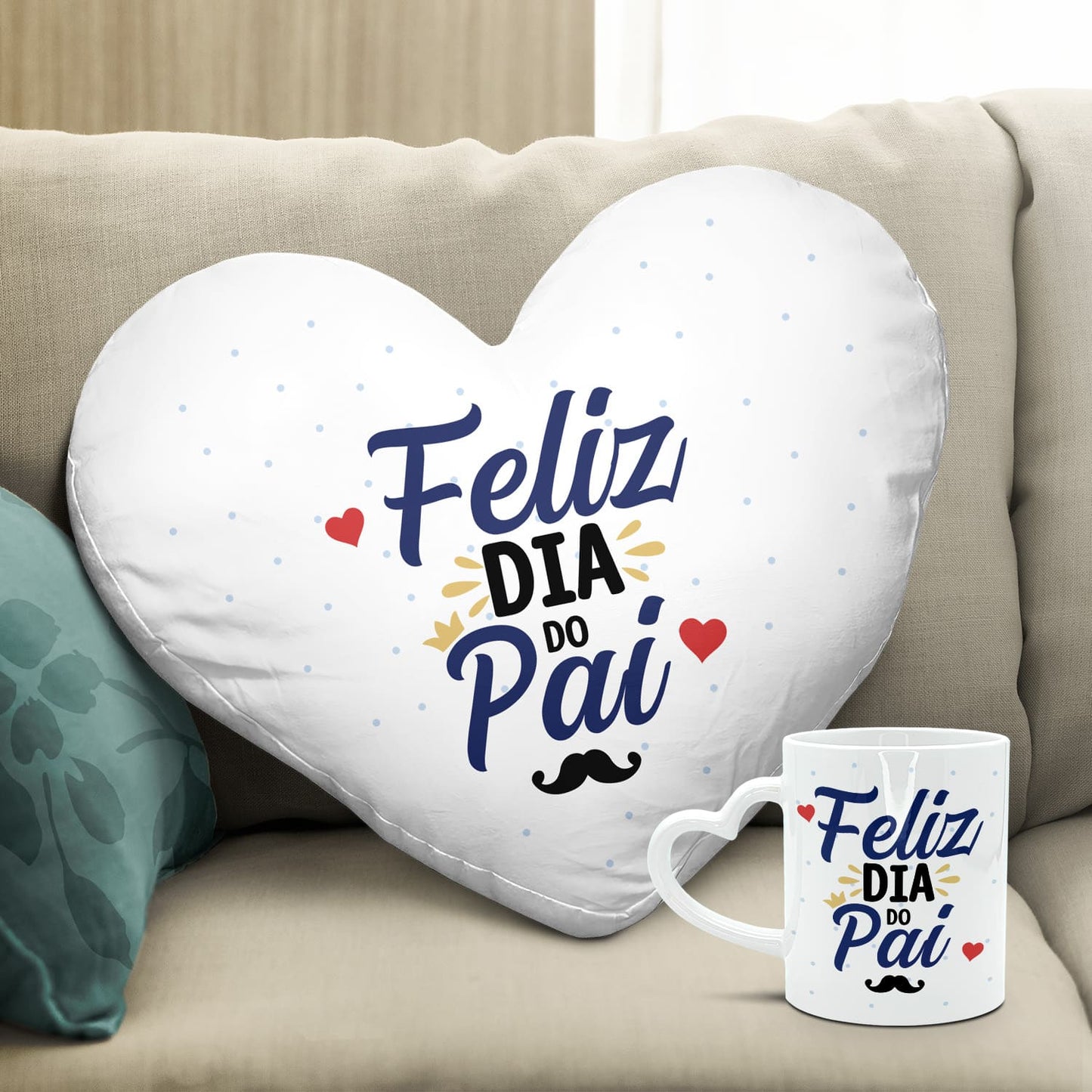 Almofada coração e/ou Caneca pega coração "Feliz Dia do Pai"