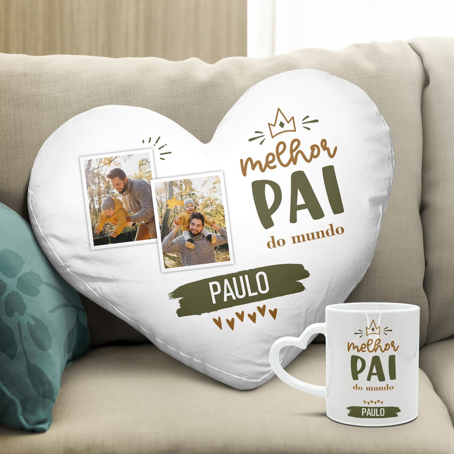 Almofada coração e/ou Caneca pega coração branco "Melhor do Mundo ♡"