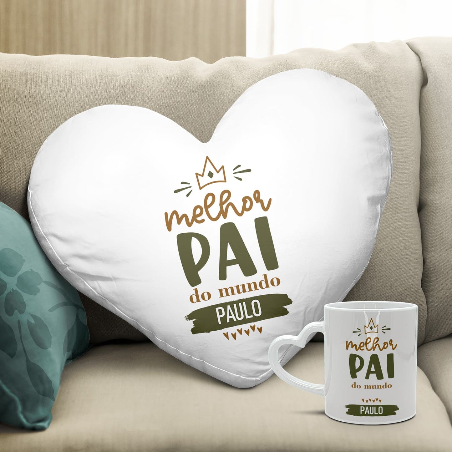 Almofada coração e/ou Caneca pega coração branco "Melhor do Mundo ♡"