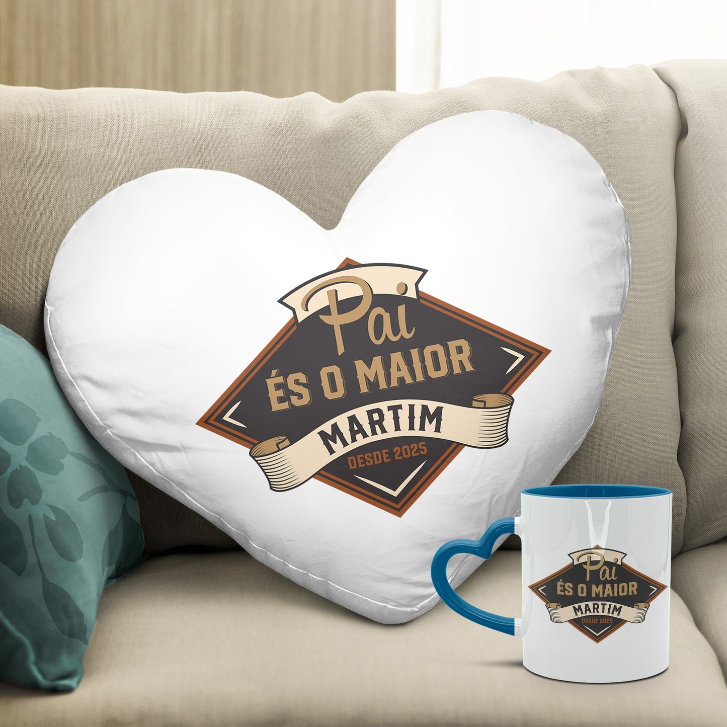 Almofada coração e/ou Caneca pega coração azul "És o Maior"