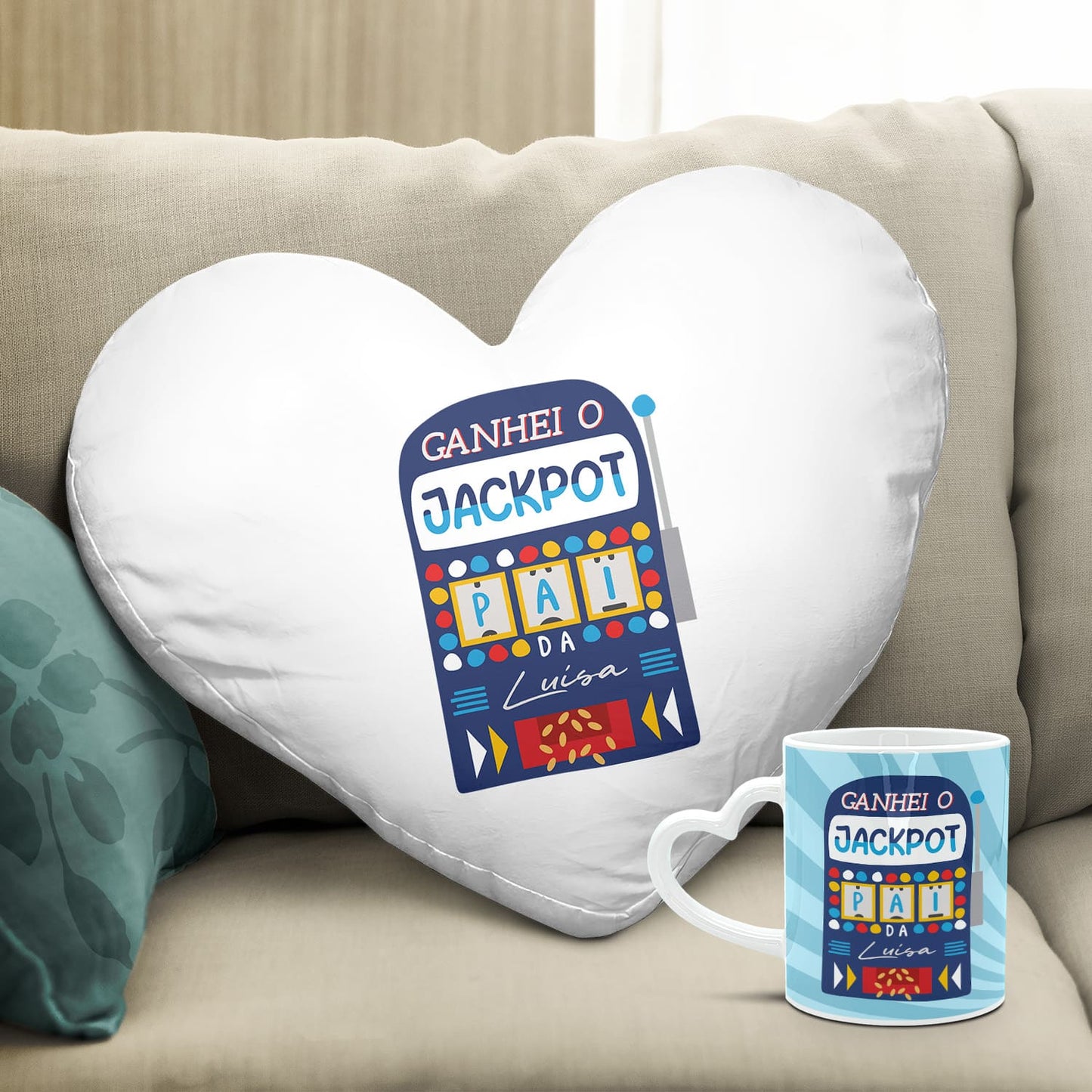 Almofada coração e/ou Caneca pega coração "JACKPOT"