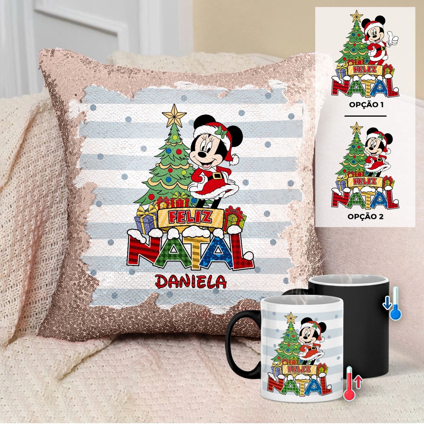 Almofada Lantejoulas e/ou Caneca Mágica "Natal Colorido"