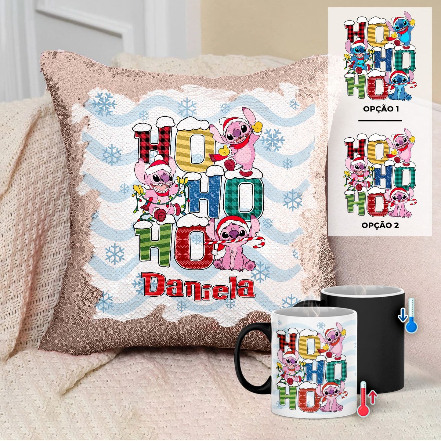 Almofada Lantejoulas e/ou Caneca Mágica "Traquinas do Natal"