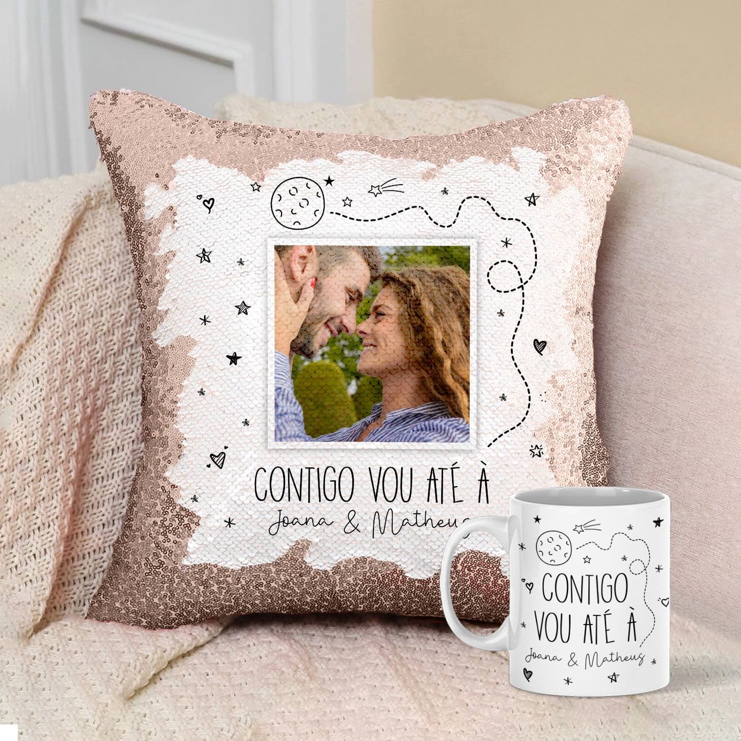 Almofada Lantejoulas e/ou Caneca "Contigo vou até à lua"