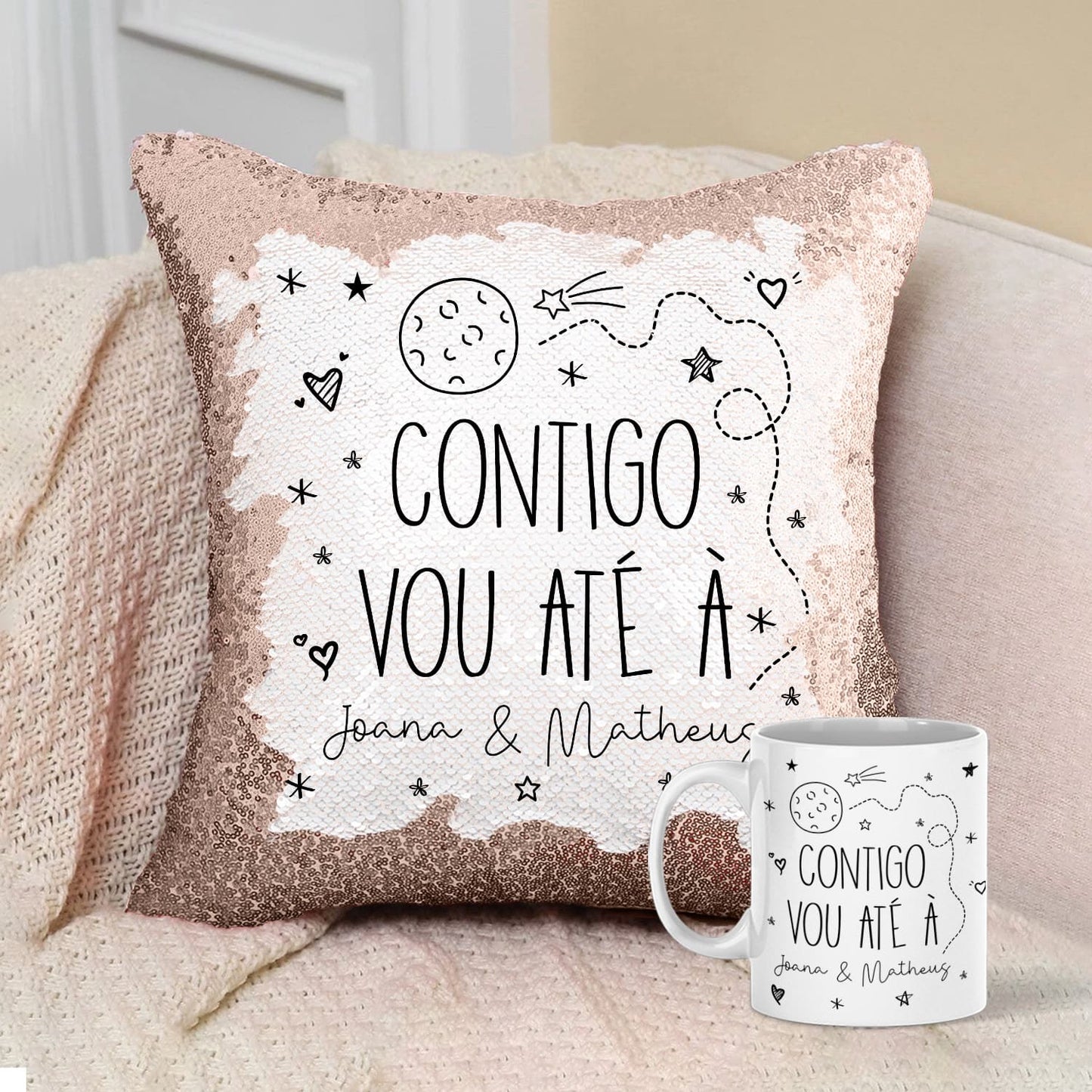 Almofada Lantejoulas e/ou Caneca "Contigo vou até à lua"