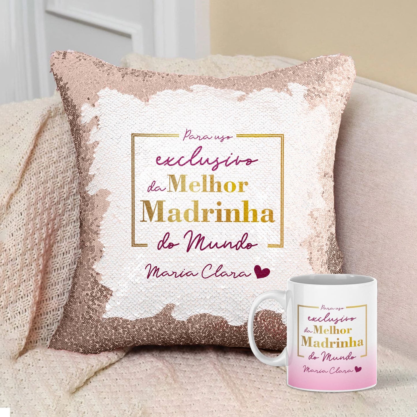 Almofada Lantejoulas e/ou Caneca "Para uso exclusivo"
