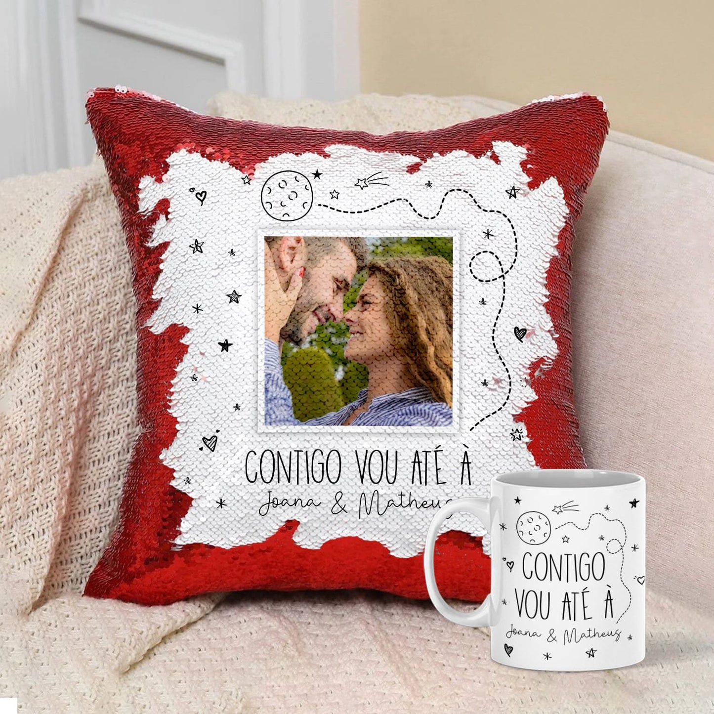 Almofada Lantejoulas e/ou Caneca "Contigo vou até à lua"