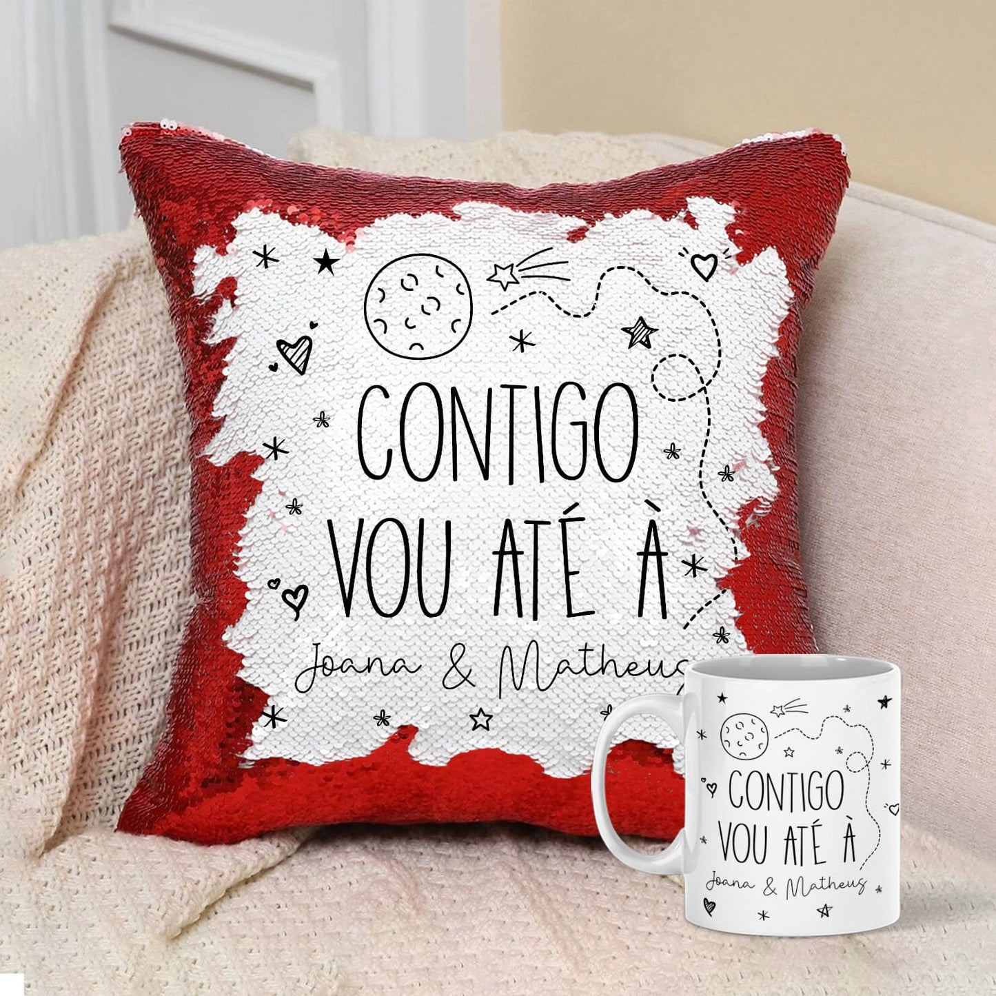 Almofada Lantejoulas e/ou Caneca "Contigo vou até à lua"