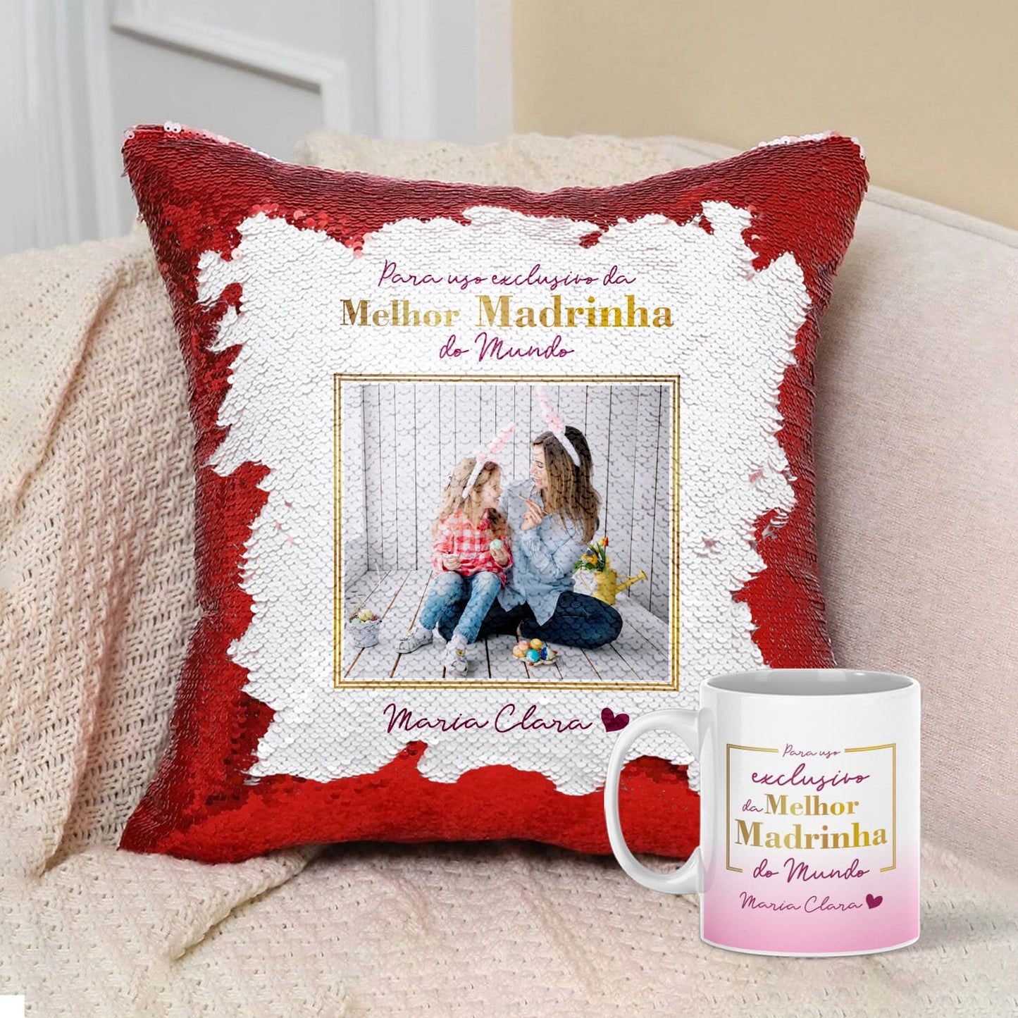 Almofada Lantejoulas e/ou Caneca "Para uso exclusivo"