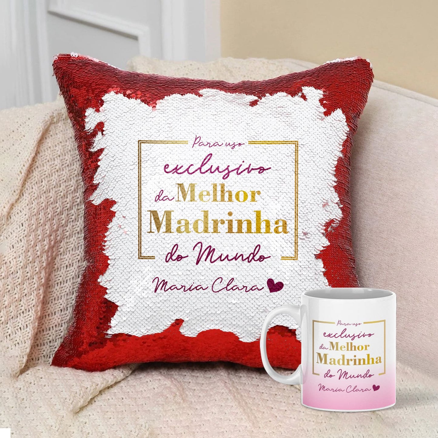 Almofada Lantejoulas e/ou Caneca "Para uso exclusivo"