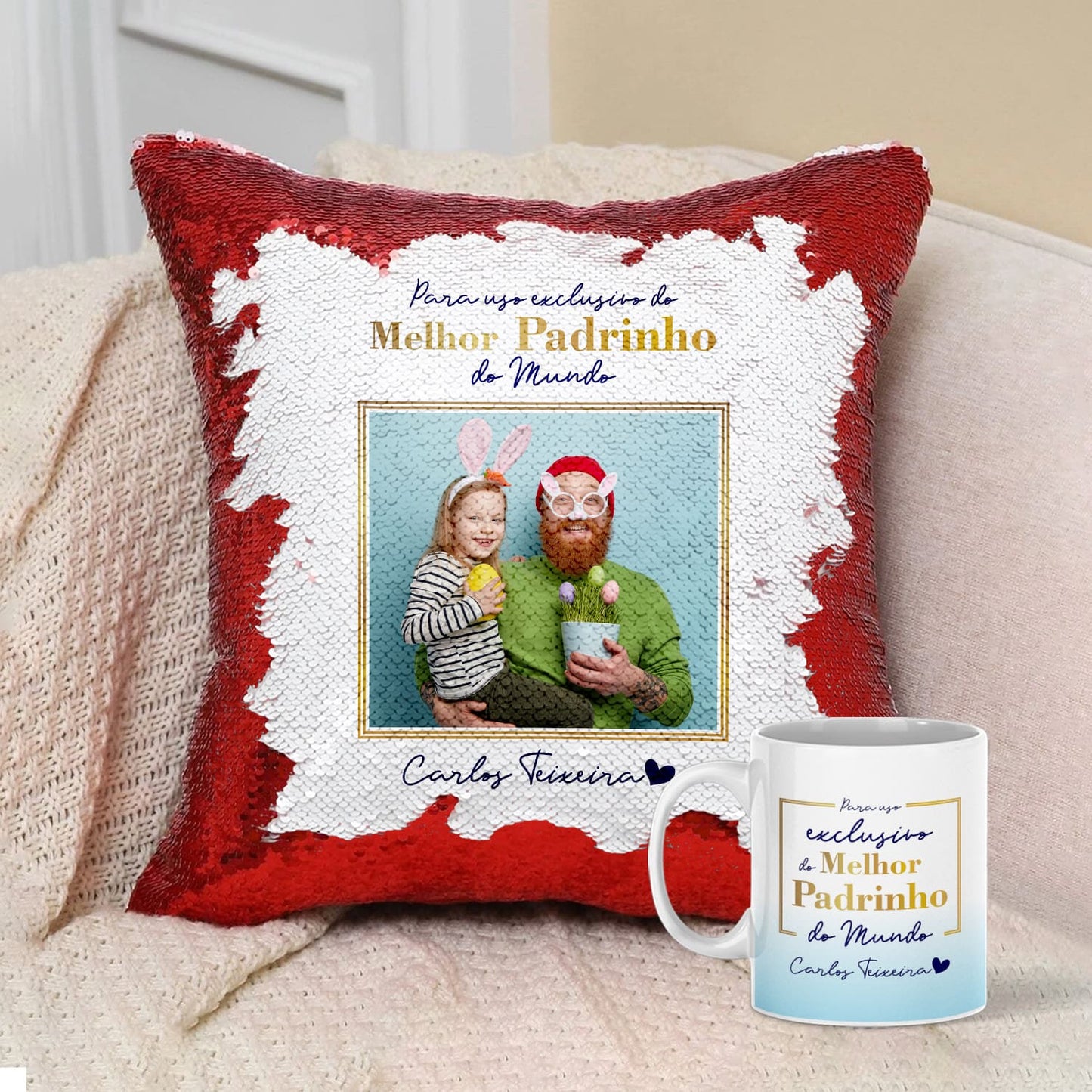 Almofada Lantejoulas e/ou Caneca "Para uso exclusivo"