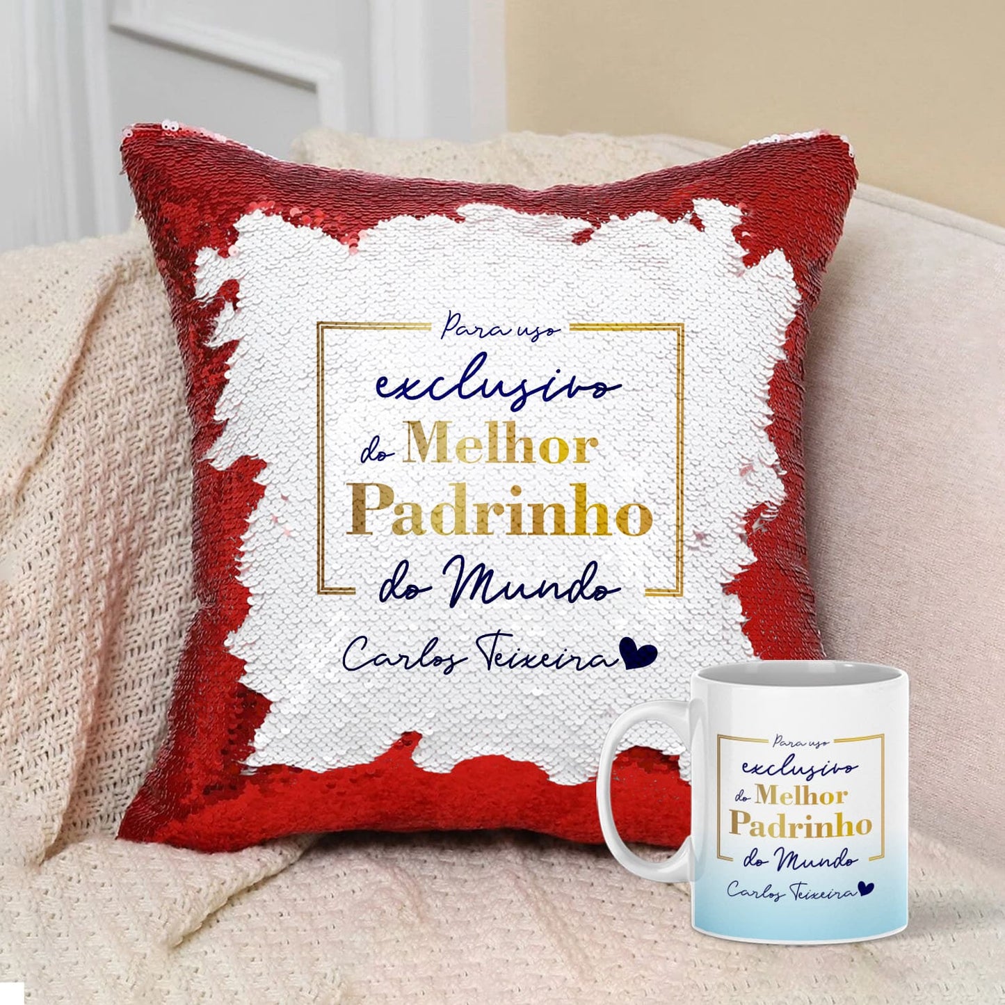 Almofada Lantejoulas e/ou Caneca "Para uso exclusivo"