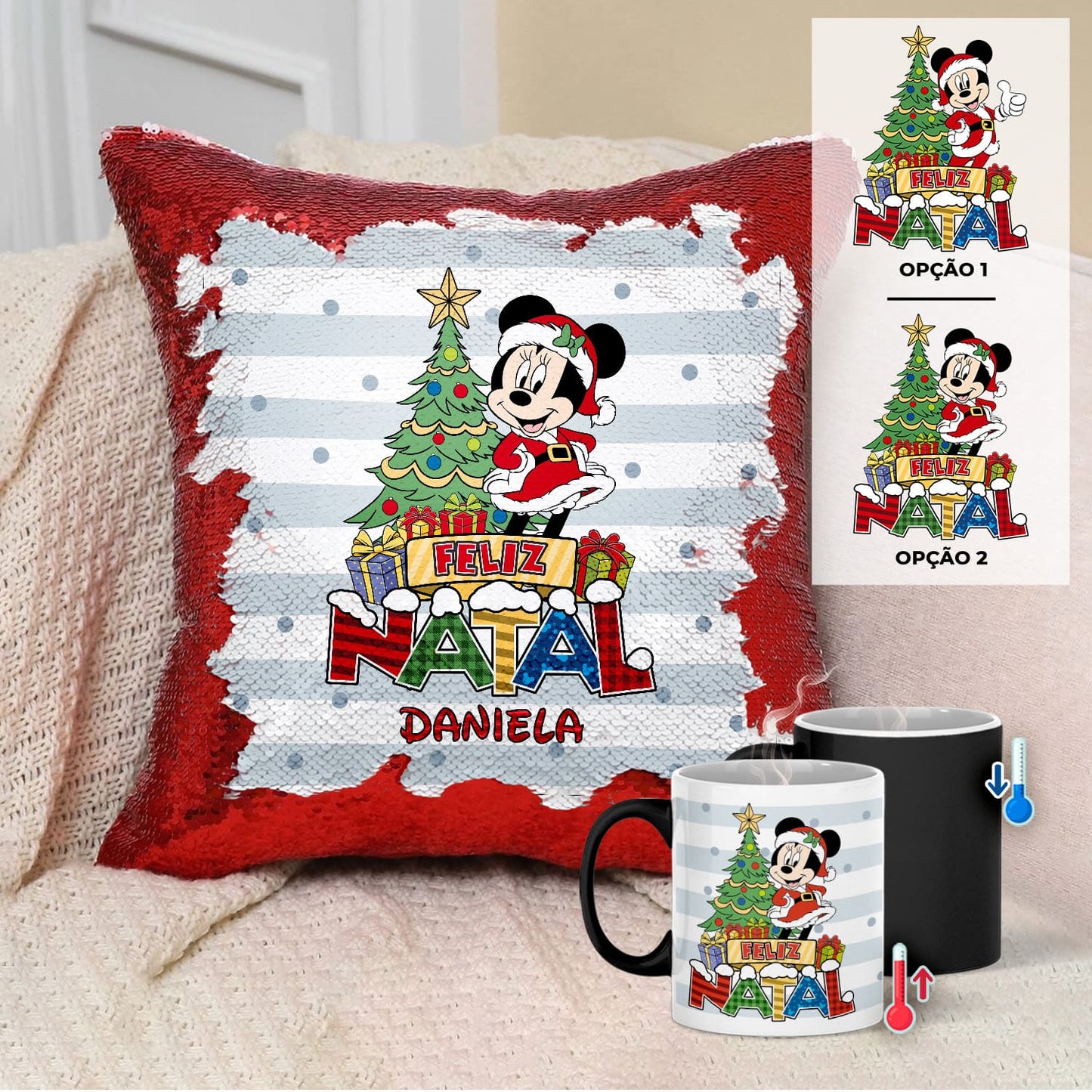 Almofada Lantejoulas e/ou Caneca Mágica "Natal Colorido"