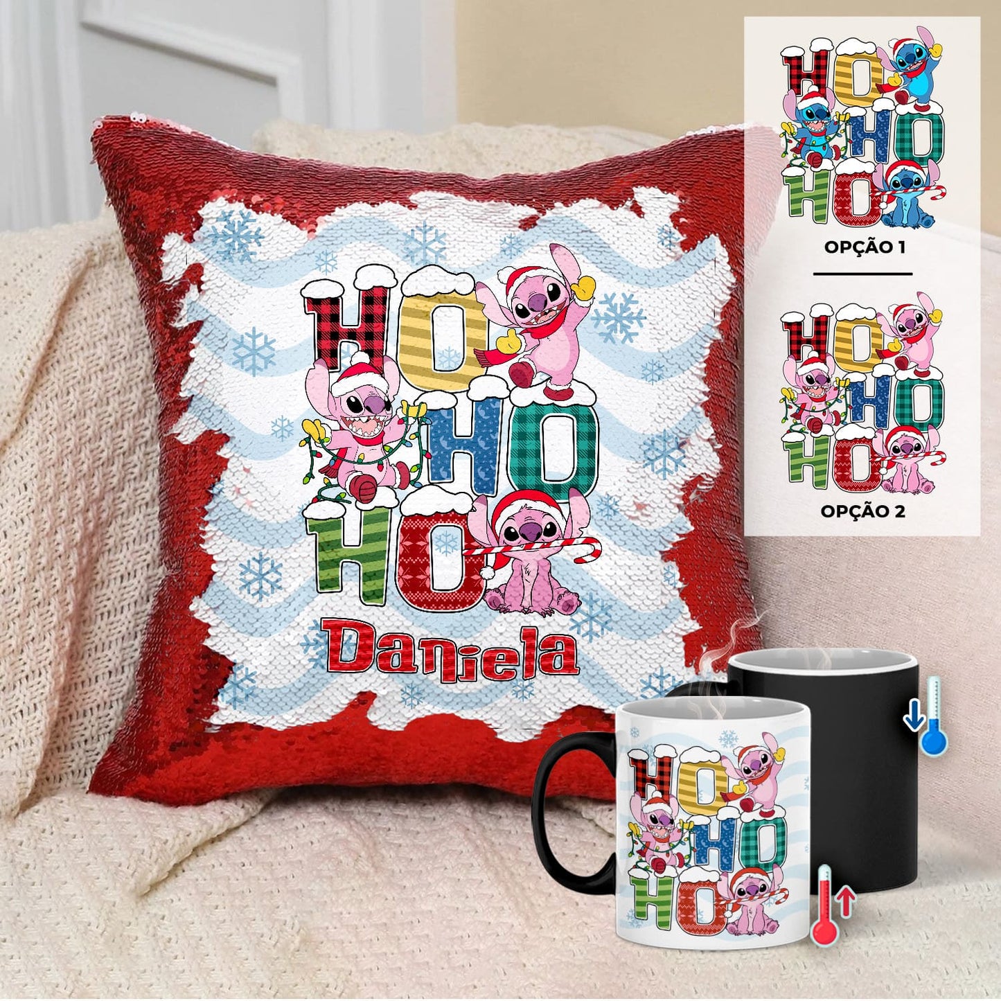 Almofada Lantejoulas e/ou Caneca Mágica "Traquinas do Natal"