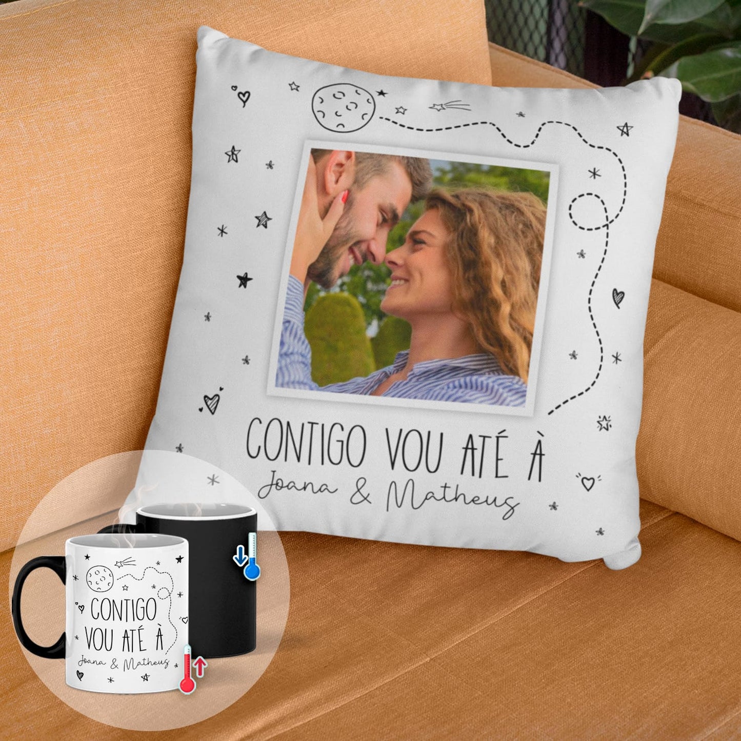 Almofada e/ou Caneca Mágica "Contigo vou até à lua"