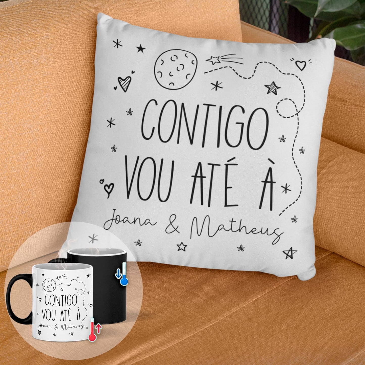 Almofada e/ou Caneca Mágica "Contigo vou até à lua"