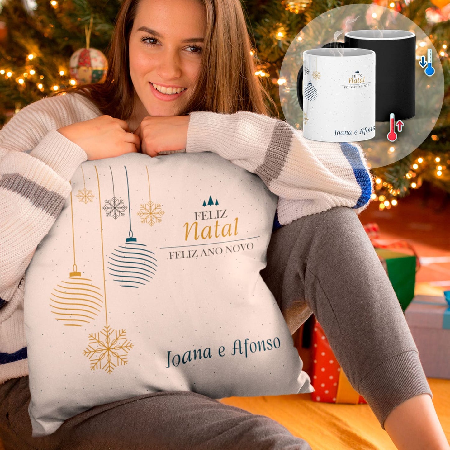 Almofada e/ou Caneca Mágica "Feliz Natal - Feliz Ano Novo"