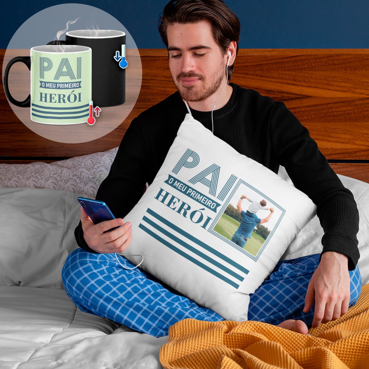 Almofada e/ou Caneca Mágica "Pai o meu primeiro herói"