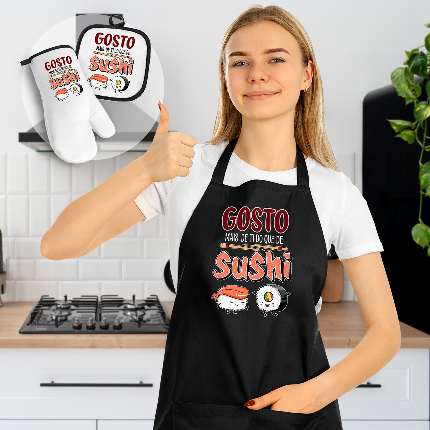 Avental e/ou Luva+Pega "Gosto mais de ti do que de sushi"