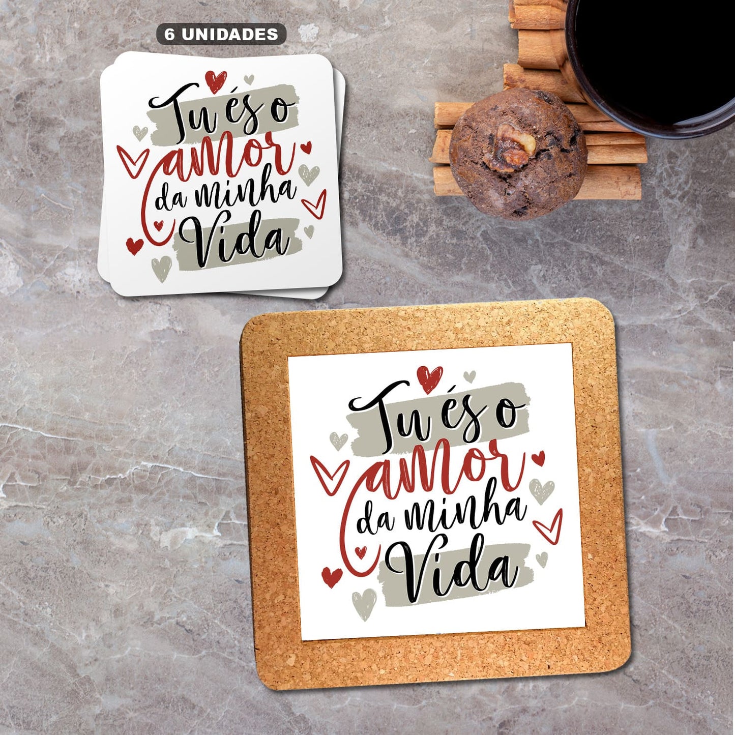 Base de cortiça e/ou Bases de copos (6 unidades) "Tu és o amor da minha vida"