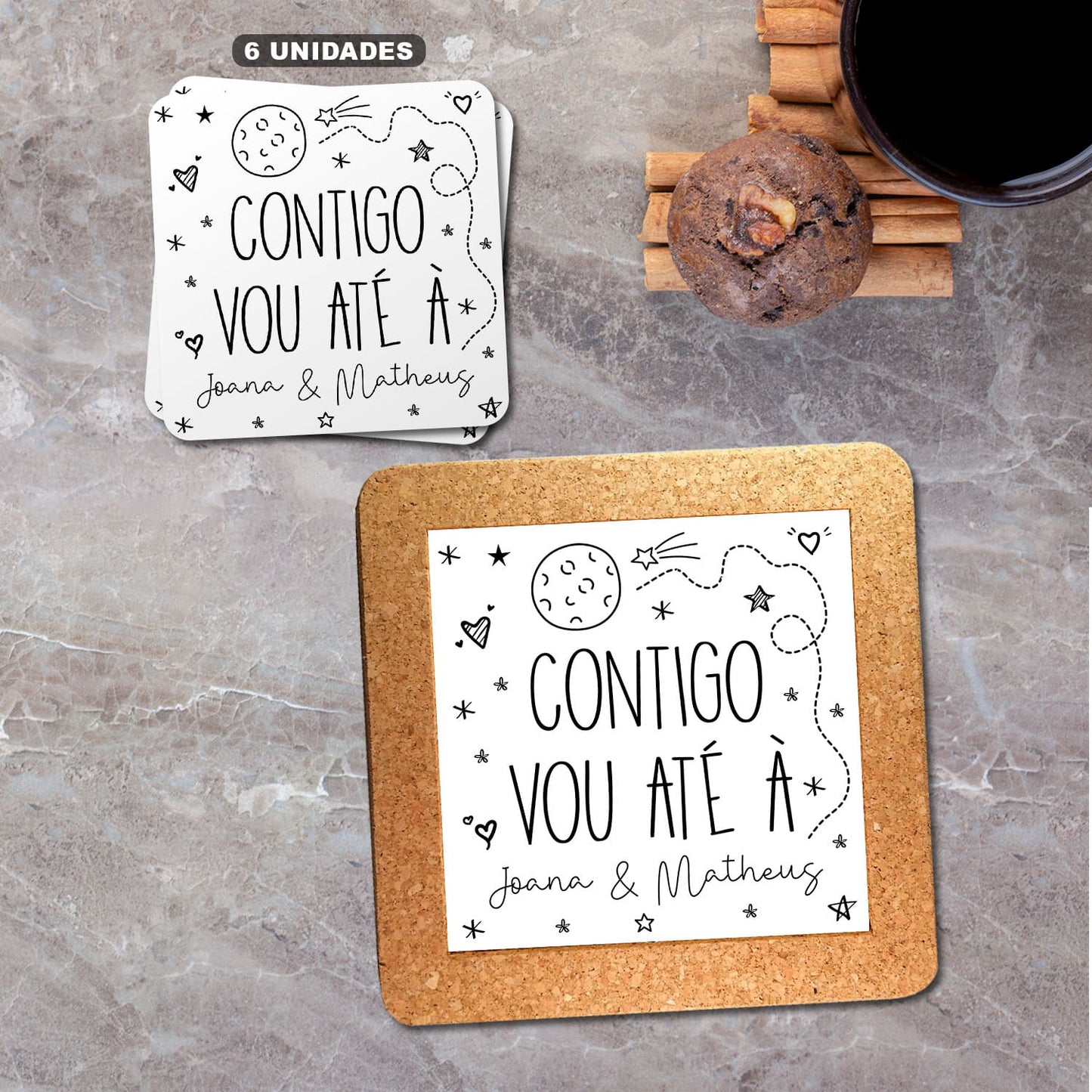 Base de cortiça e/ou Bases de copos (6 unidades) "Contigo vou até à lua"