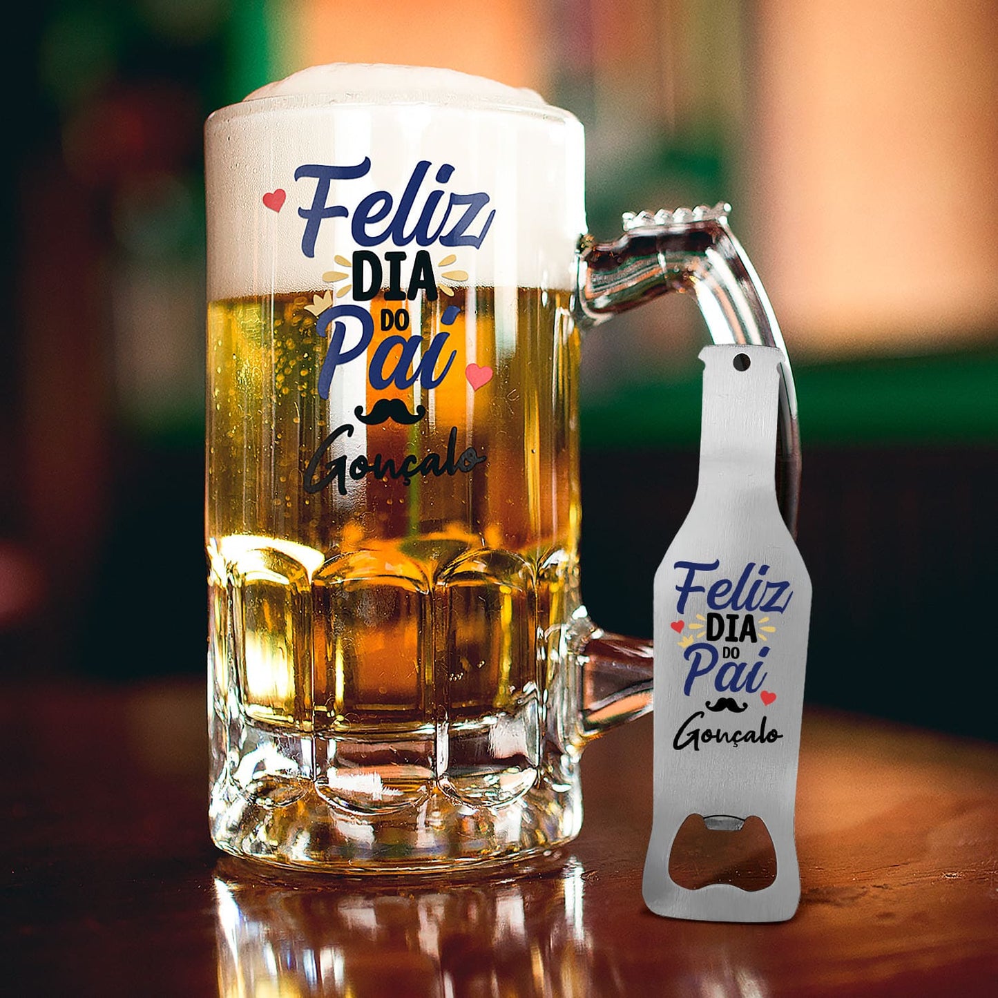 Caneca para Cerveja e/ou Abre-garrafas "Feliz Dia do Pai"