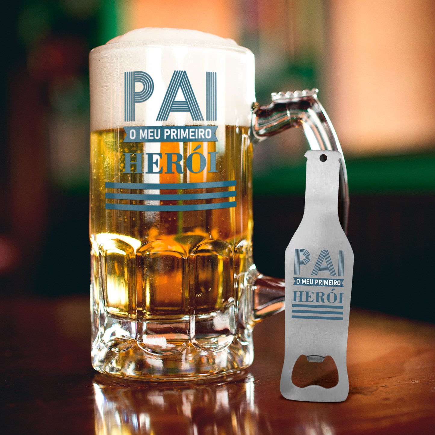 Caneca para Cerveja e/ou Abre-garrafas "Pai o meu primeiro herói"