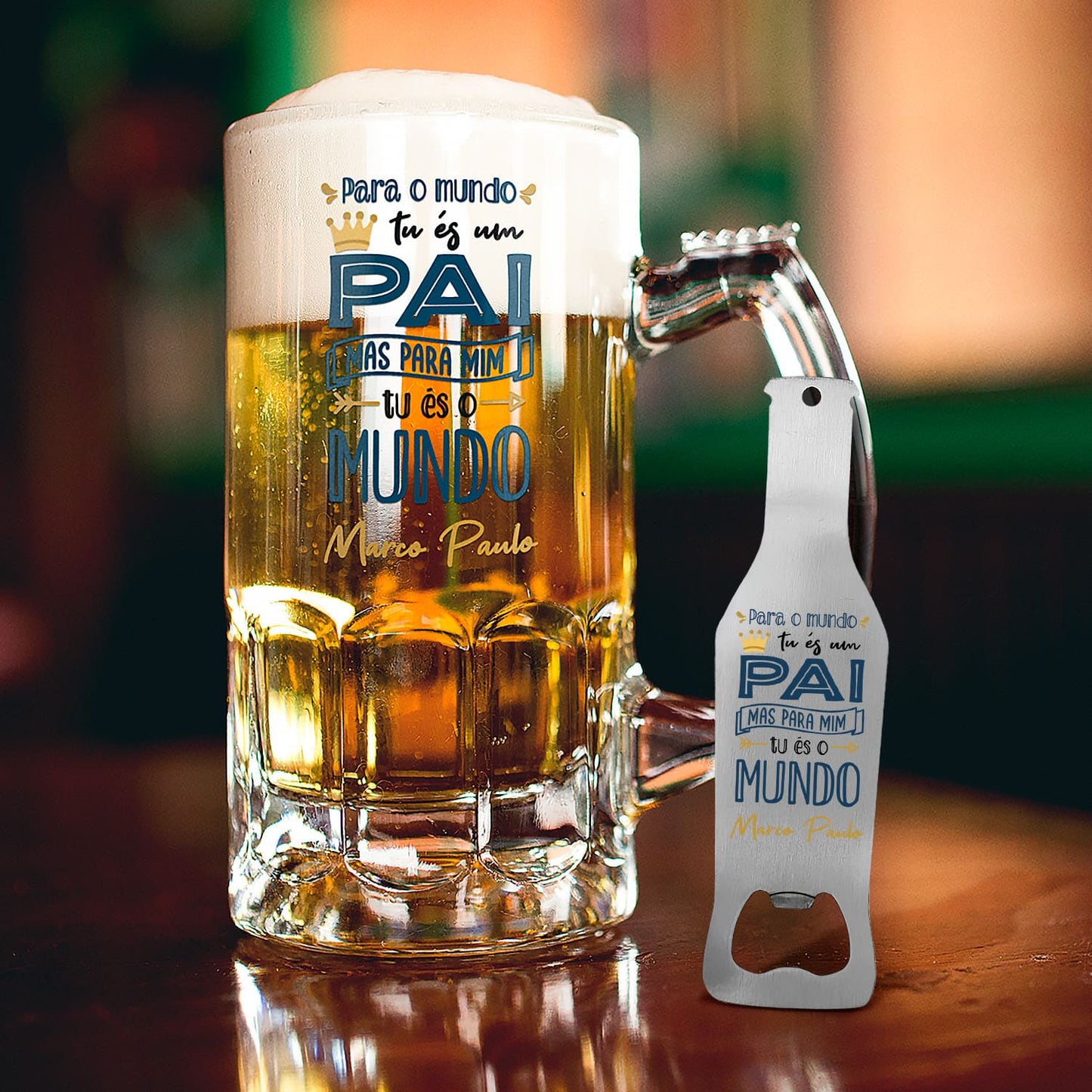 Caneca para Cerveja e/ou Abre-garrafas "Tu és o mundo"