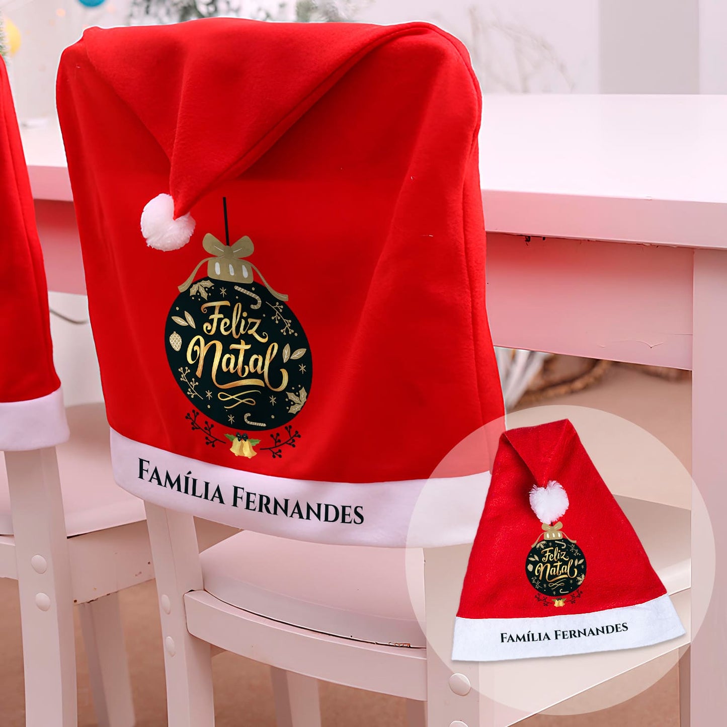 Capa de cadeira e/ou Gorro de Natal "Feliz Natal Dourado"