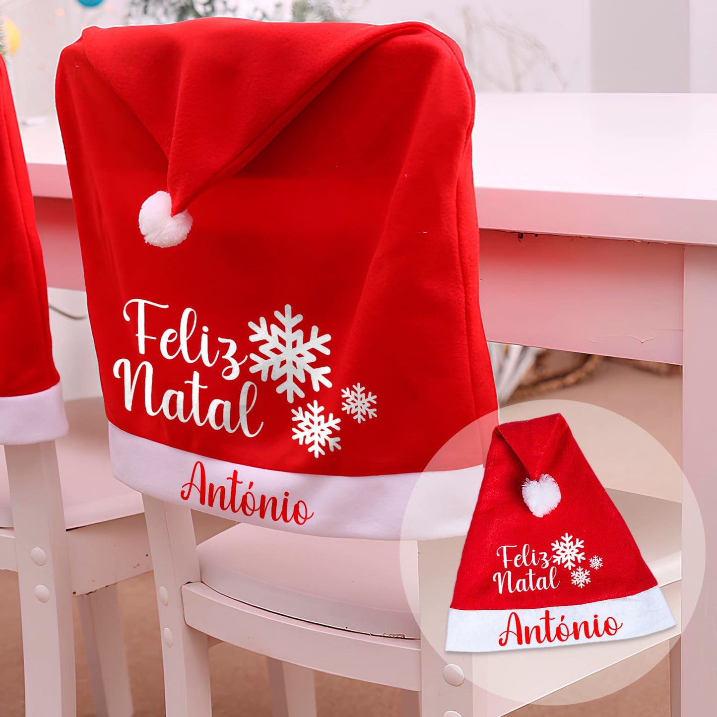Capa de cadeira e/ou Gorro de Natal "Feliz Natal (neve)"